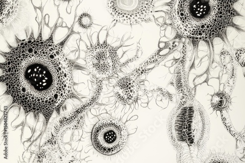 Microscopic textures.Cellular patterns.Abstract biology.A high-detail ink illustration of microscopic organisms, with intricate cellular patterns drawn in black and white