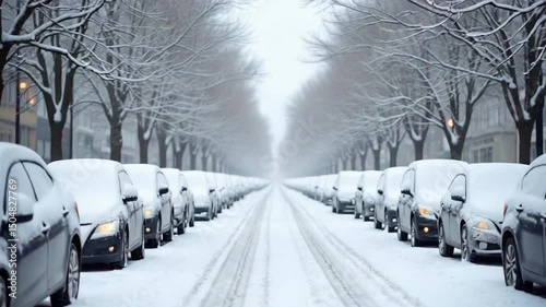 Snow-Covered Road and Parked Cars on a Cold Winter Day