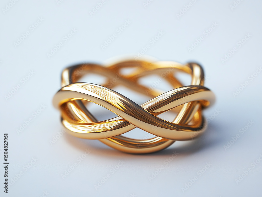 A puzzle ring, isolated on a white surface, with a tangled design and no shadow.