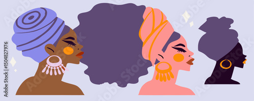 Three Black Women in Headwraps Profile Illustration