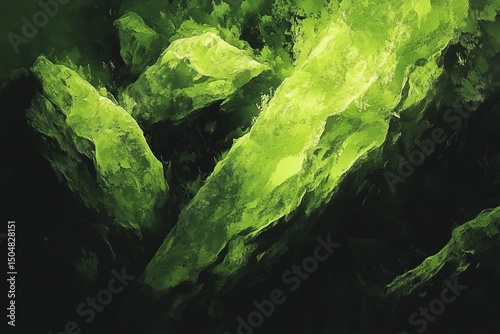 Fluid textures.Botanical designs.Organic forms.Natural shapes.A close-up of moss-covered rocks in a forest, emphasizing organic growth patterns with vibrant green hues and diffused lighting