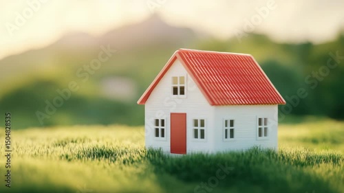 Wallpaper Mural Miniature house model with red roof and red door on green grass and white wall, bathed in warm sunlight, capturing peaceful nature and serene outdoor living environment Torontodigital.ca