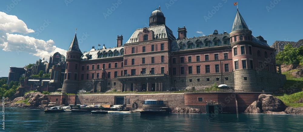 Obraz premium Scenic view of a grand palace on the water's edge under a bright, clear sky