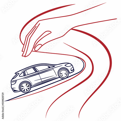 A modern abstract vector illustration featuring dynamic, flowing lines that form the shape of a hand gently supporting a stylized outline of a car. Conveys elegance, care.