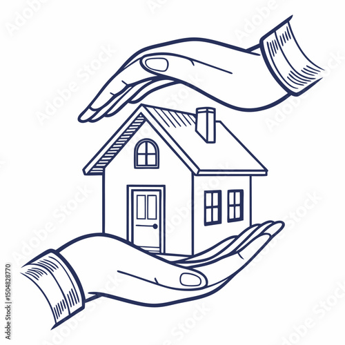 A modern flat design vector icon depicting stylized cupped hands gently holding a simple house symbol. Features clean lines and a contemporary, limited color palette. Perfect for web design.