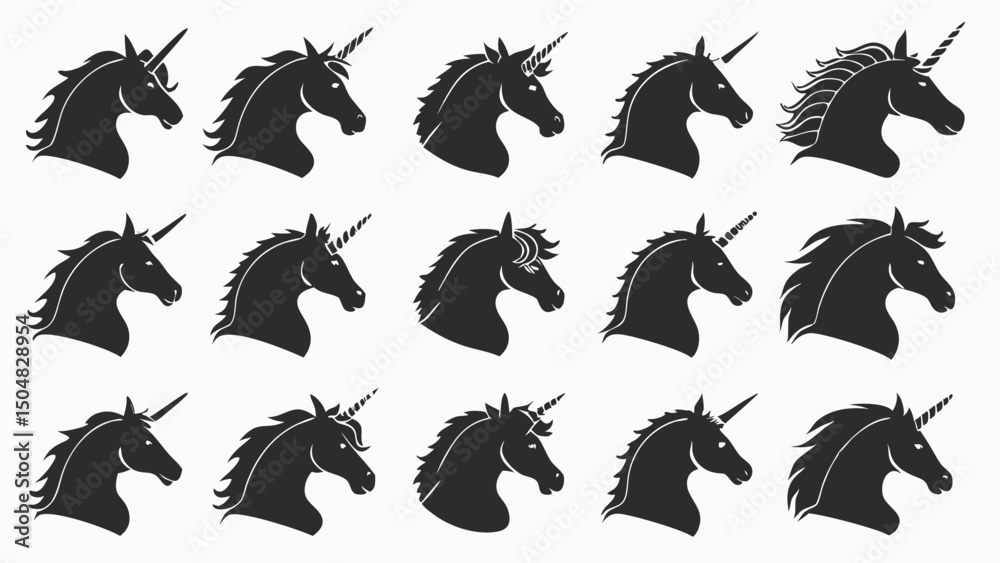Obraz premium Unicorn Head Silhouette with Varied Manes Set