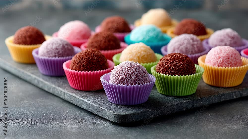Assorted brigadeiros in colorful cupcake liners arranged on a dark gray textured surface close up view