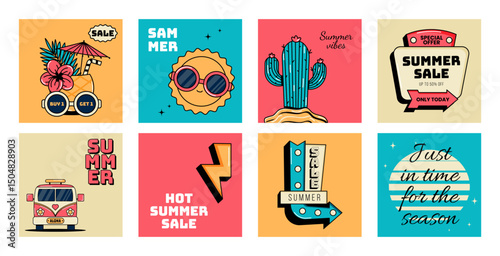 Summer sale card set. Retro vector illustration