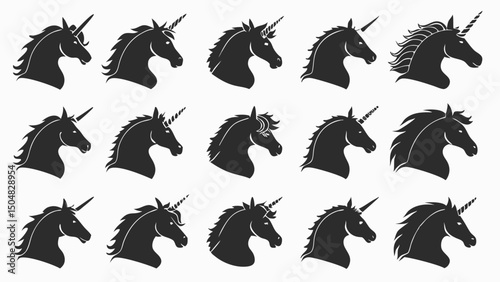 Unicorn Head Silhouette with Varied Manes Set