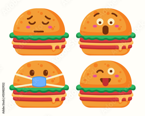 Cute burger emoticons icons isolated set