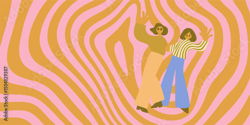 Two Women Peace Sign Retro 70s Style Illustration