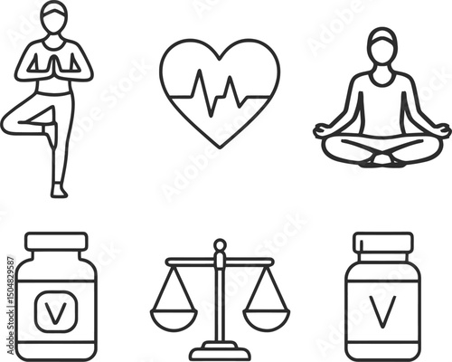 Minimalist Health and Wellness Vector Icon Set – Yoga, Heart Rate, Meditation, Vitamins, Balance