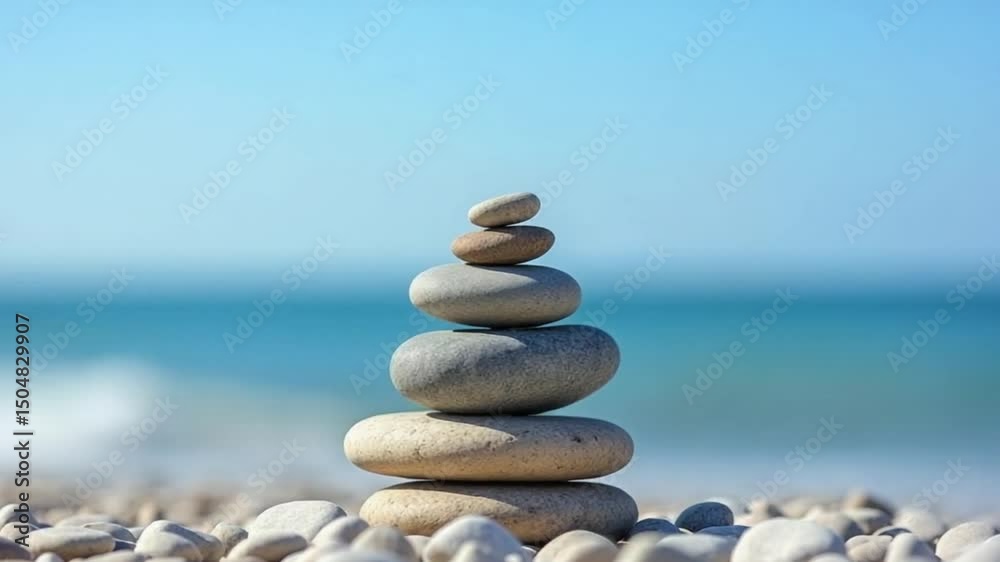 Balanced Zen Stones on Pebble Beach with Ocean Background Balanced Zen Stones on Pebble Beach with Ocean Background