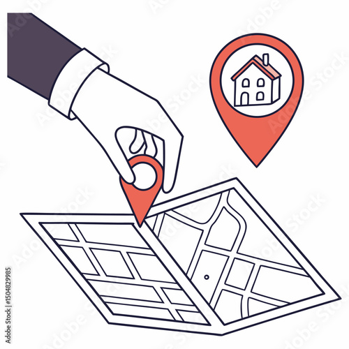 Pinpointing Home Location Vector	A clean flat design vector illustration of a hand placing a location pin, topped with a house icon, onto a stylized map section.