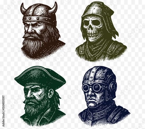 
Vintage Engraved Warrior Heads Set – Viking, Pirate, Skull Knight, Retro Aviator
