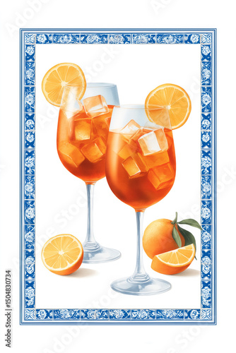 Watercolor illustration of an Aperol Spritz cocktail with orange slices and ice cubes in a blue frame