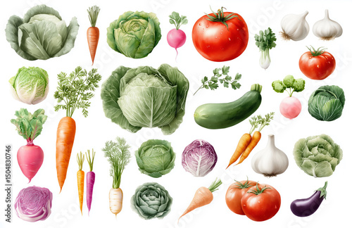 Watercolor set of various vegetables: cabbage, tomatoes, carrots, radishes, beets, garlic, lettuce, eggplant, herbs, tomatoes