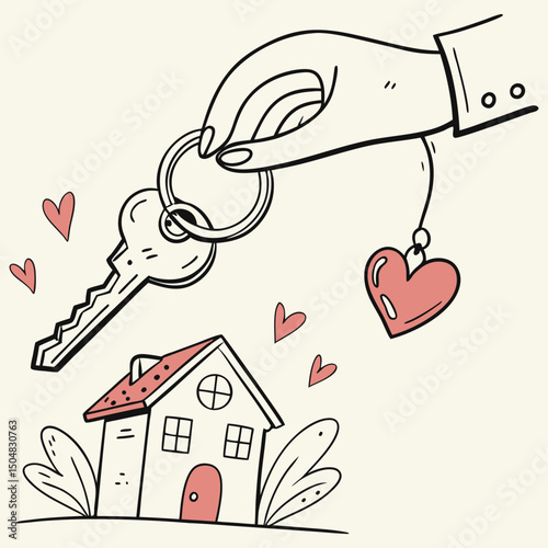 A whimsical, hand-drawn doodle style vector illustration of a sketchy hand offering a house key. The key features a charming heart-shaped keychain, symbolizing love for a new home or a heartfelt.