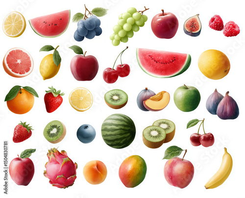 A set of watercolor illustrations of a variety of fruits