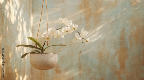 Hanging orchid pot, soft light, pale wall