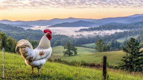 Rooster on hilltop at sunrise over misty mountains