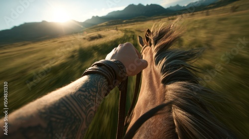 Experience the thrill of riding a horse from a unique POV perspective. This dynamic image captures the swift motion through a beautiful landscape at sunset.