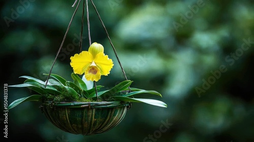 A vibrant yellow orchid hangs in a shallow, woven basket