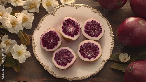 A delicate plate of sliced purple-pink citrus fruits, surrounded by white blossoms and more whole fruits, on a dark wooden surface
