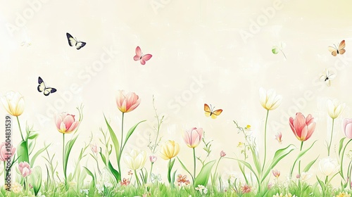 Pastel-colored tulips and butterflies in a gentle spring meadow