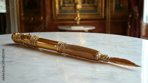 Ornate gold ceremonial staff resting on a polished marble surface within an opulent interior