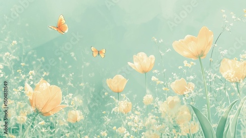 Pastel-toned field of yellow tulips and wildflowers with butterflies