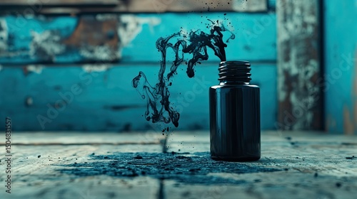 Dark ink spills from a bottle onto a wooden surface, creating abstract designs against a teal-toned backdrop
