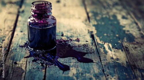 A glass bottle of dark purple ink, spilled onto a weathered wooden table