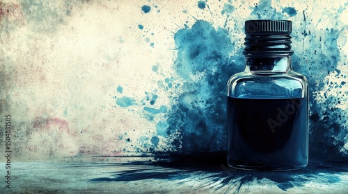 Dark blue ink bottle on textured surface, surrounded by splatter
