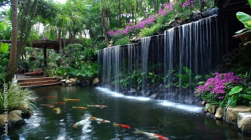 Lush garden with waterfall and koi pond