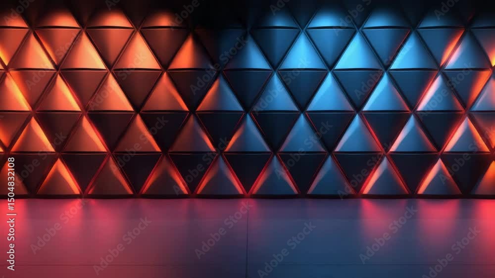 Futuristic wall with illuminated triangular panels in red and blue light creating modern geometric design and dynamic atmosphere with reflective floor surface