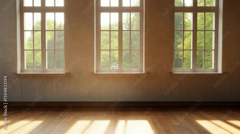 Empty room with wooden floor and beige walls illuminated by three large windows with white frames, natural light and sunlight streaming through glass, creating peaceful interior atmosphere Empty room with wooden floor and beige walls illuminated by three large windows with white frames, natural light and sunlight streaming through glass, creating peaceful interior atmosphere