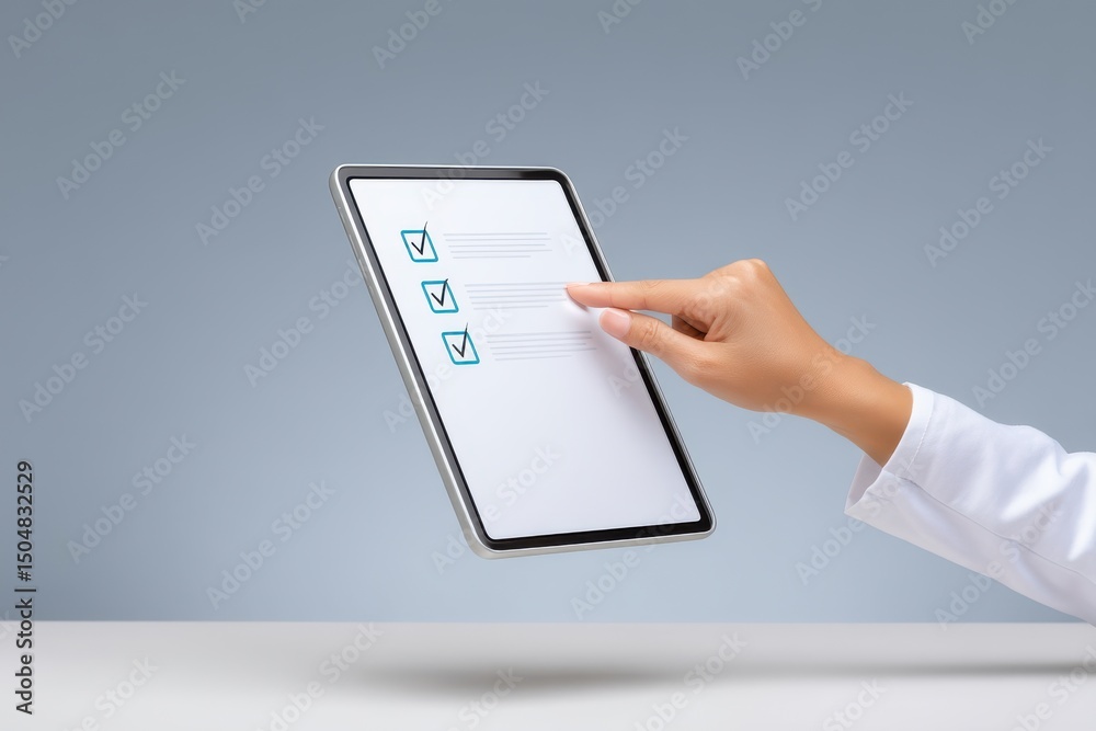 Fototapeta premium A close up view of a person s hand using a touchscreen interface to interact with a digital checklist of medical symptoms on a mobile device
