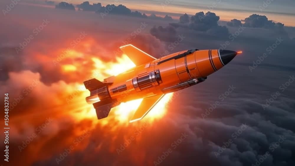 Rocket launch with highly detailed rocket, fiery plumes, dramatic orange sunset sky, billowing clouds ,video download