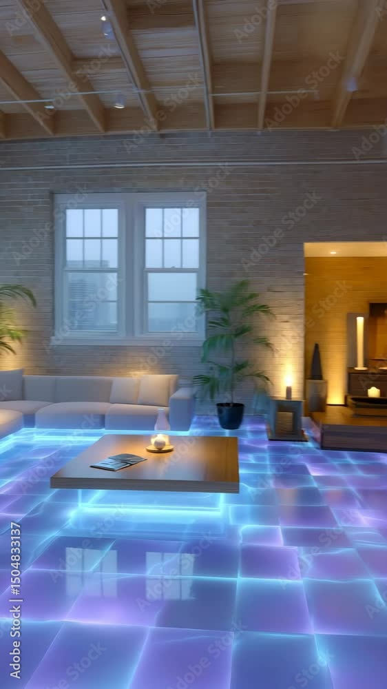 Mid-century sci-fi design, loft interior where furniture adjusts automatically on glowing floor rails, retro futurism interior with immersive design, retro futurism interior furniture and ambient 