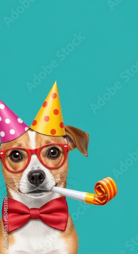 Adorable Dog Celebrates Birthday with Party Hat, Glasses, and Noisemaker