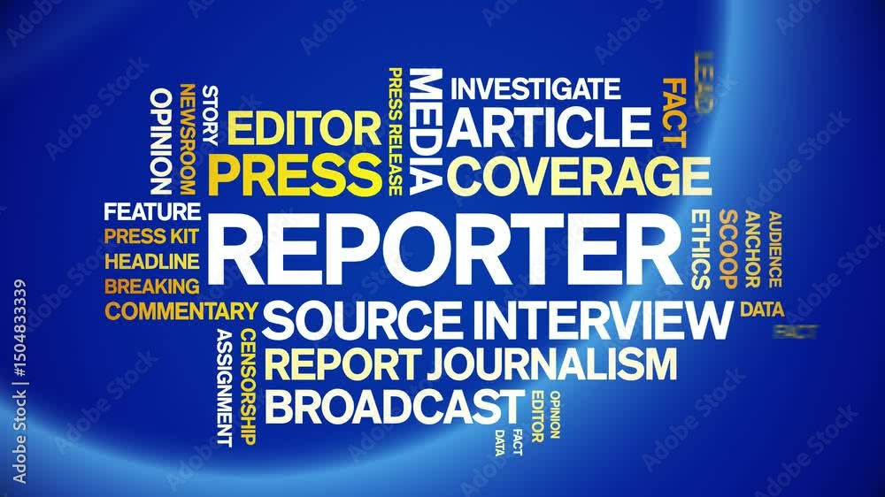 Reporter animated word cloud;text design animation tag kinetic typography seamless loop.
