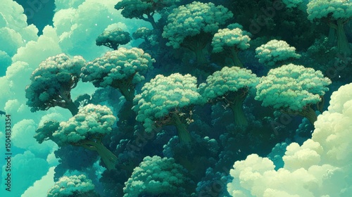 A fantastical forest of stylized trees, rising from a sea of clouds.  Soft, pastel colors create a dreamy atmosphere