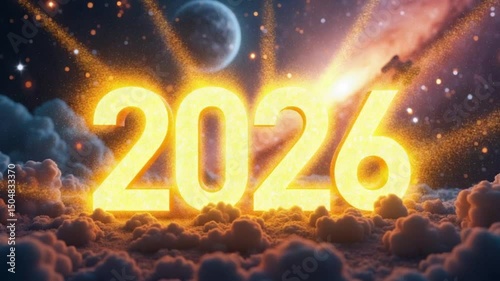 Vibrant cosmic landscape with glowing number “2026” surrounded by swirling clouds, stars, and planets against a dramatic fiery sky – video download