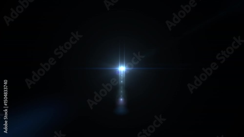 Center flickering glow center white blue star rays lights optical lens flares shine animation art on black abstract background for screen project overlay.