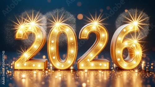 Neon lights with gold numbers 2026, sparkling fireworks and glittering festive background, shiny metallic text with bright golden glow – video download