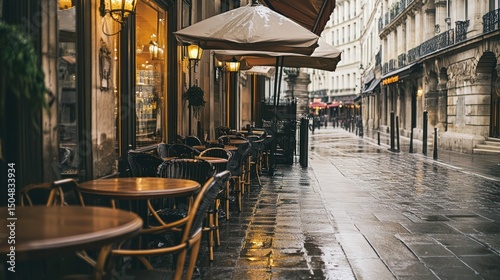 Quaint Parisian cafe scene during a rain shower, capturing the city's unique charm