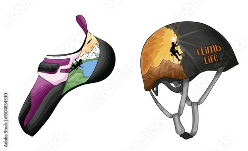 2 VECTOR ILLUSTRATION OF CLIMBING, SHOES AND HELMET WITH LANDSCAPES OF CLIMBERS