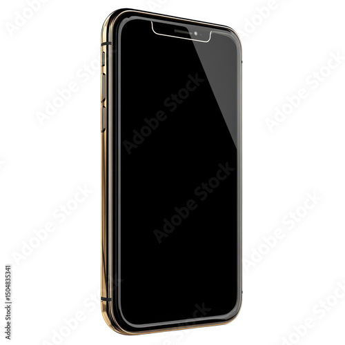 Sleek modern smartphone shining in golden elegance against the darkness on transparent background