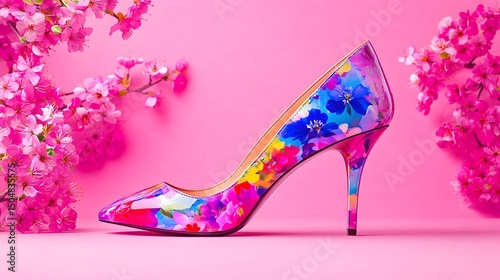 Colorful floral high heel shoe on pink